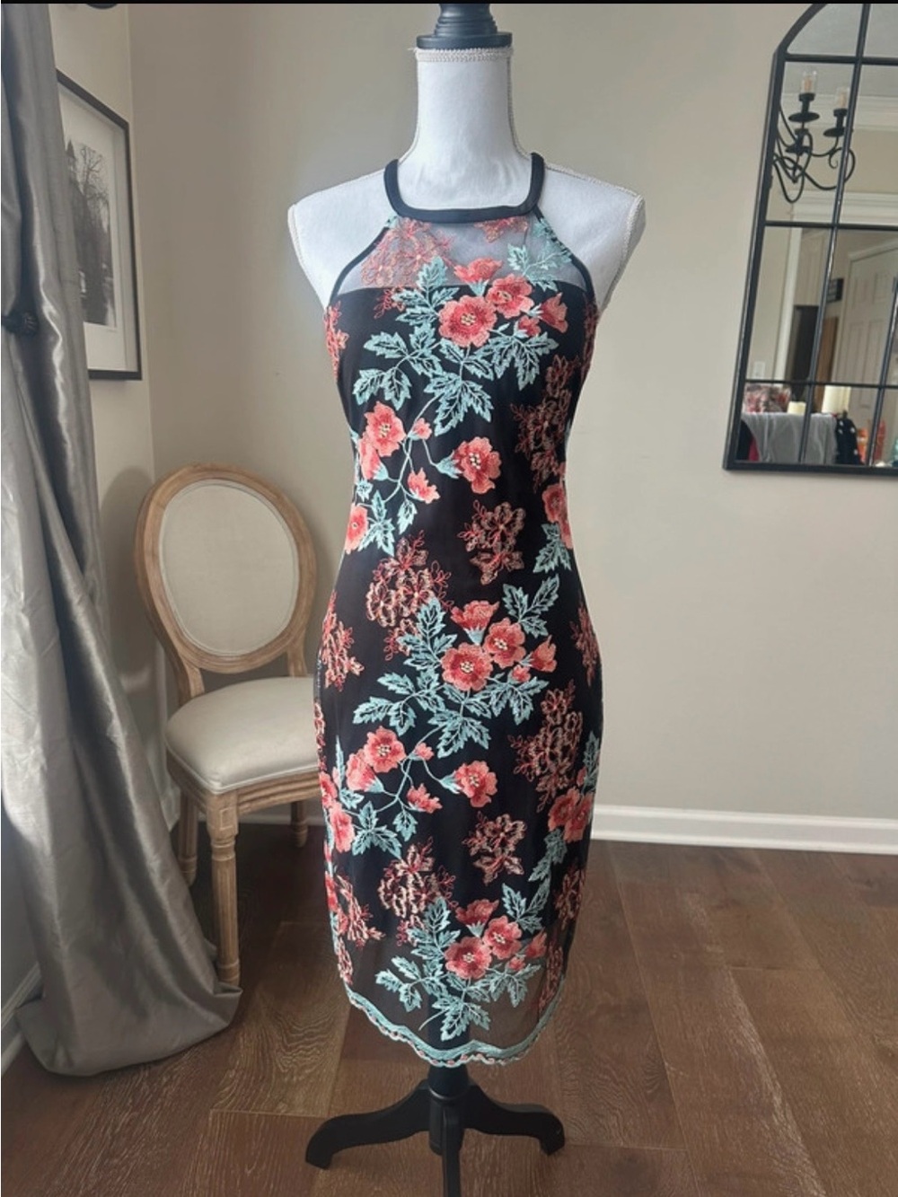 Guess Floral Lace Midi Dress in Black and Coral